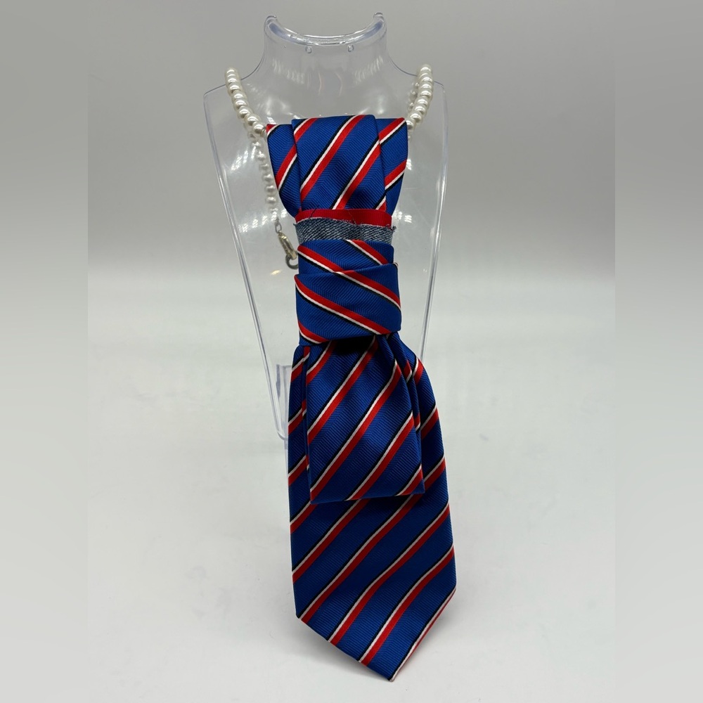 Pearl Strand Necklace with Blue & Red Striped Tie Accent